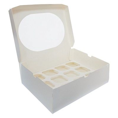 Коробка картонная для кексов, маффинов с ложементом 300х250х100мм Muf 12 Pro Window White для 12 шт. С окном цвет Белый OSQ (х25/75)